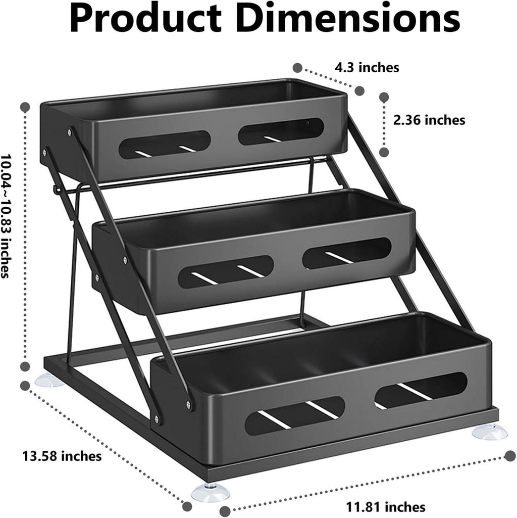 Black Foldable 3‑Tier Spice Rack Organizer