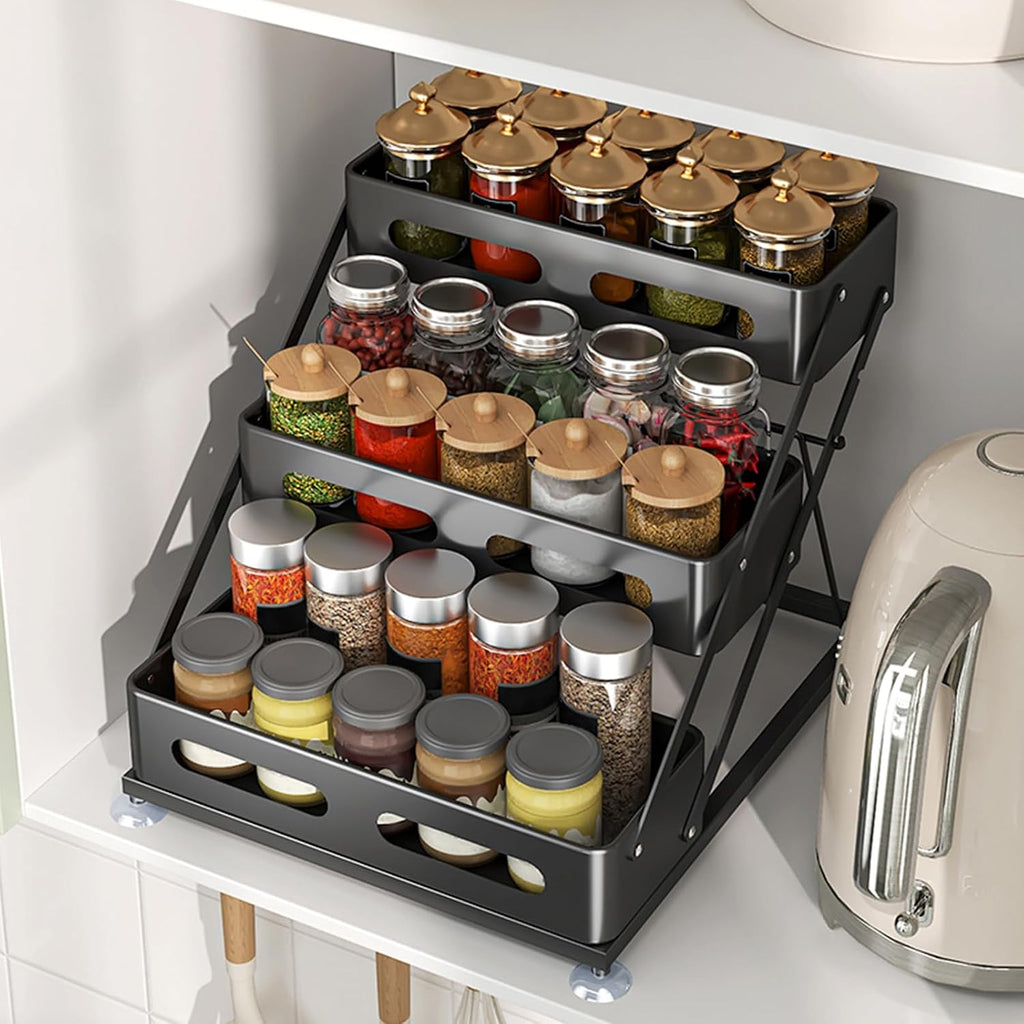 Black Foldable 3‑Tier Spice Rack Organizer