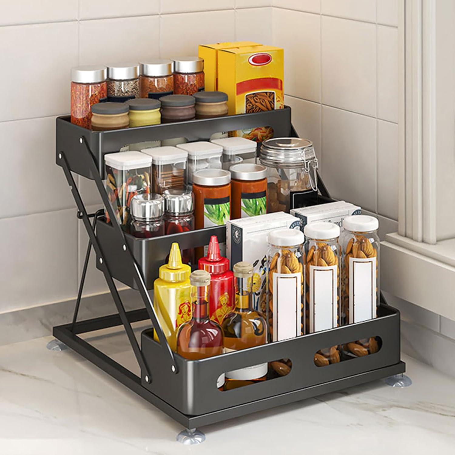 Black Foldable 3‑Tier Spice Rack Organizer