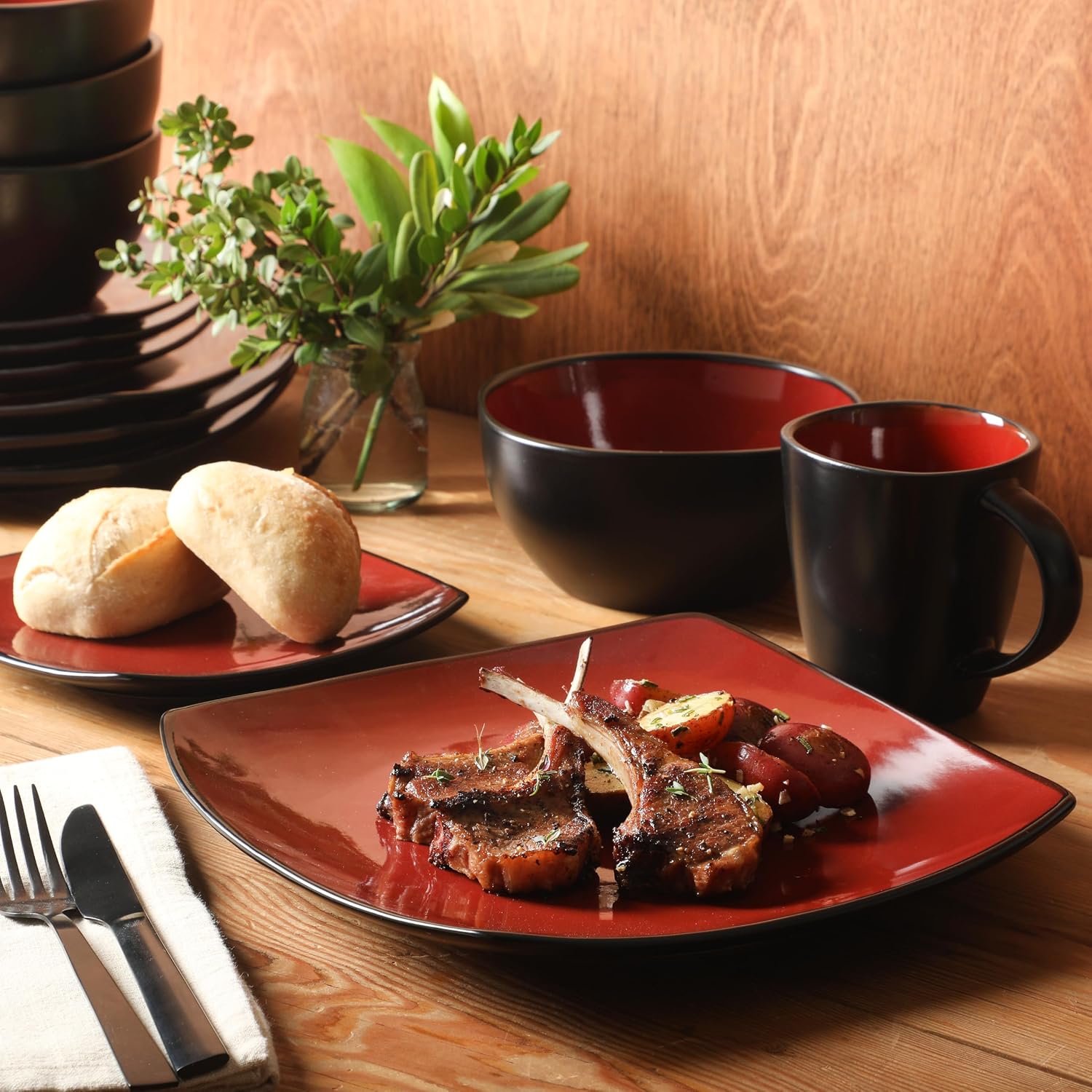 Square Stoneware Dinnerware Plate Bowl Set