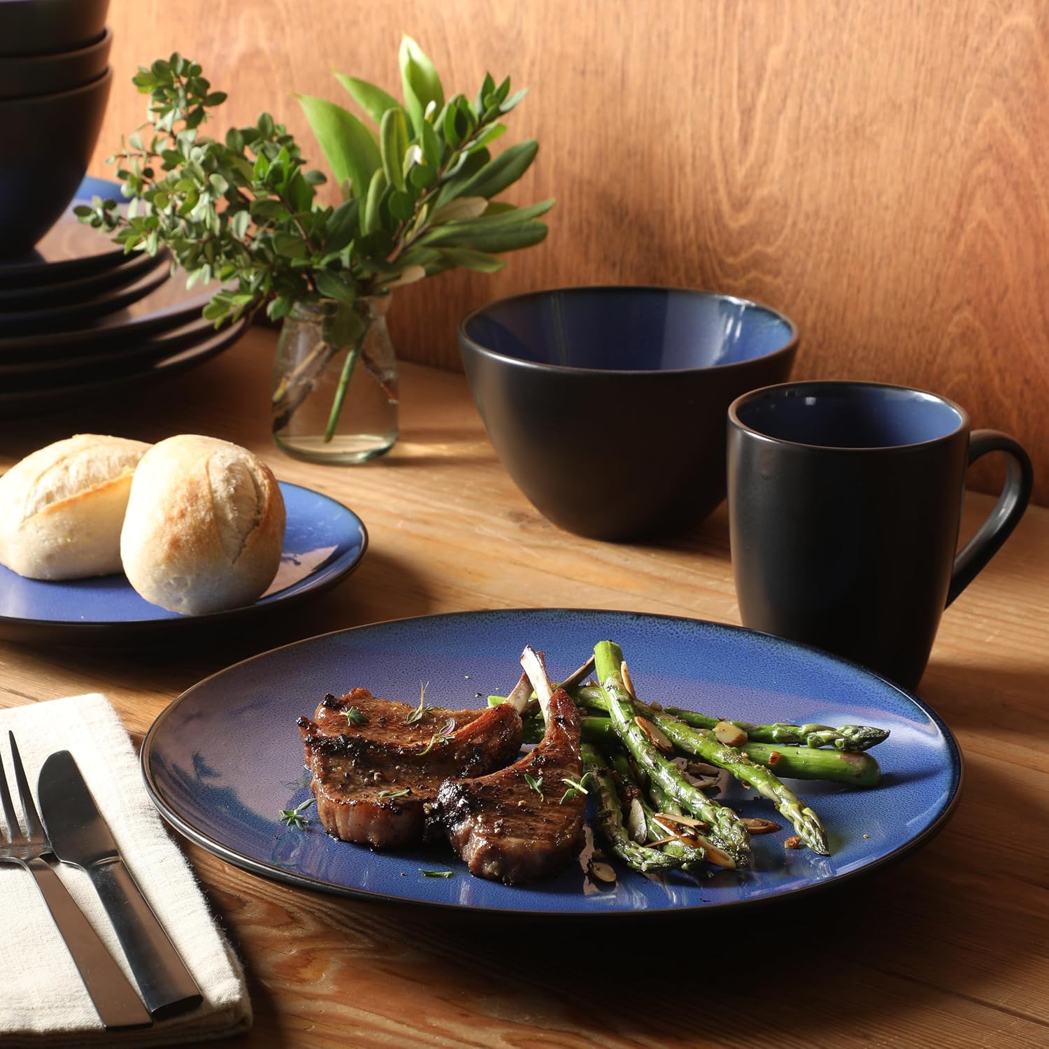 Blue Stoneware Round Dinnerware Set